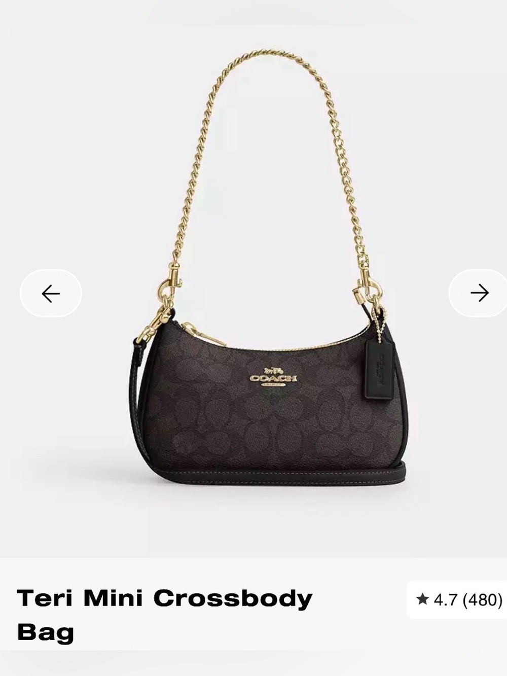Coach Mini Signature Canvas Shoulder Bag in Dark Brown with Gold Chain